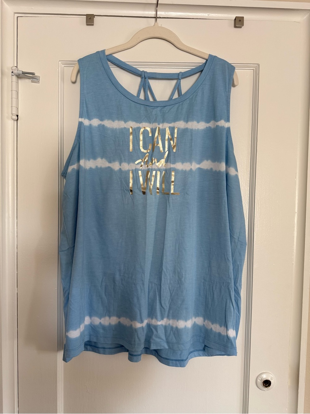 Light Blue Tie-Dye Strappy Back Tank with Silver Foil Text